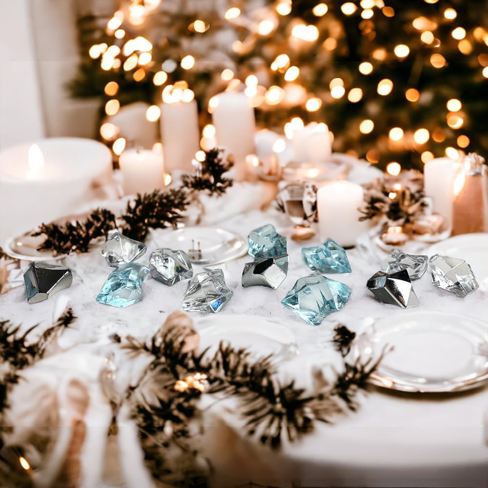 HappyFiller 14 OZ Fake Ice Rocks Cubes Acrylic Gems Stones for Winter Decorations,Christmas Vase Fillers,Wedding Table Scatters,Crafts,Home Centerpieces,Clear,Sea Blue,Silver Mix