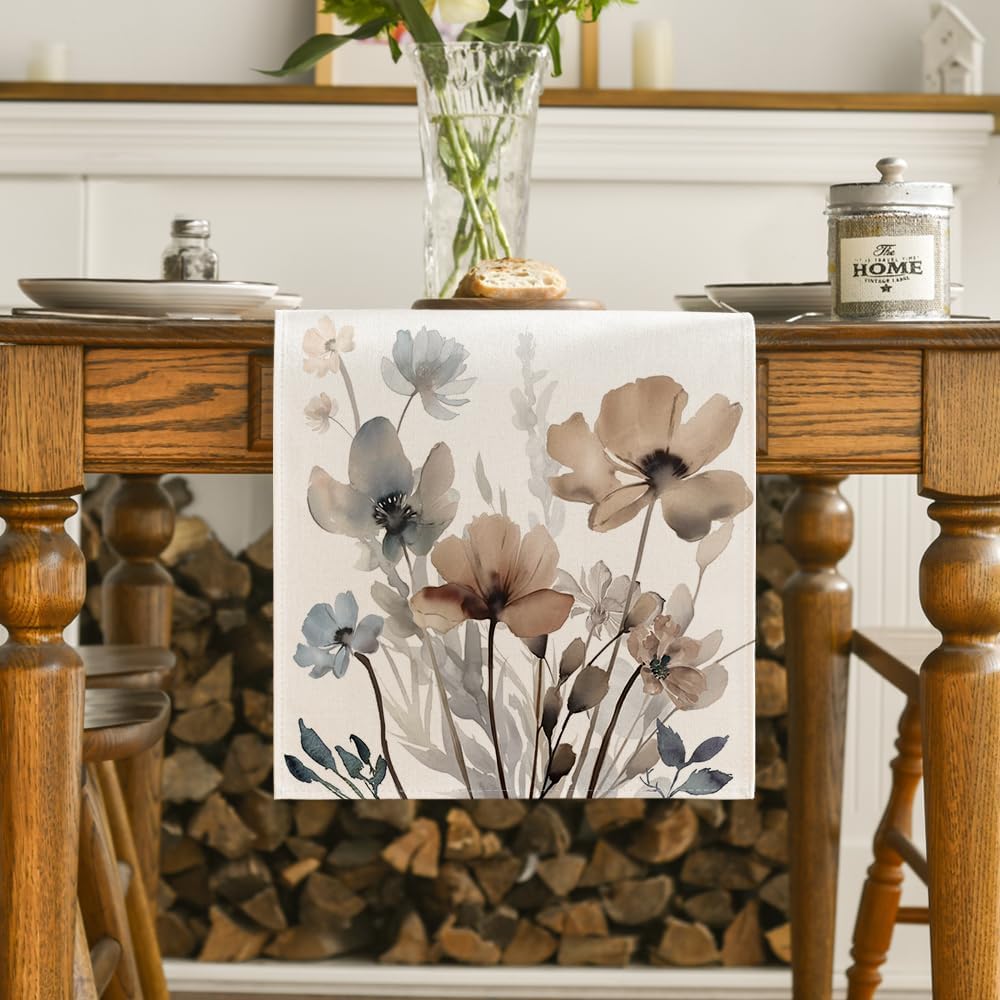 Artoid Mode Brown Poppy Floral Leaves Spring Table Runner, Seasonal Summer Kitchen Dining Table Decoration for Home Party Decor 13x90 Inch