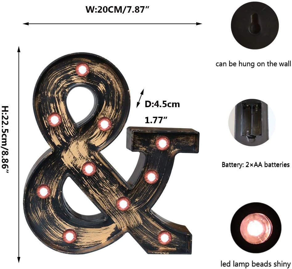 OYCBUZO Golden Black Led Marquee Letter - Industrial, Vintage Style Light Up Alphabet Letter Sign for Cafe Wedding Birthday Party Christmas Lamp Home Bar Initials Decor - &