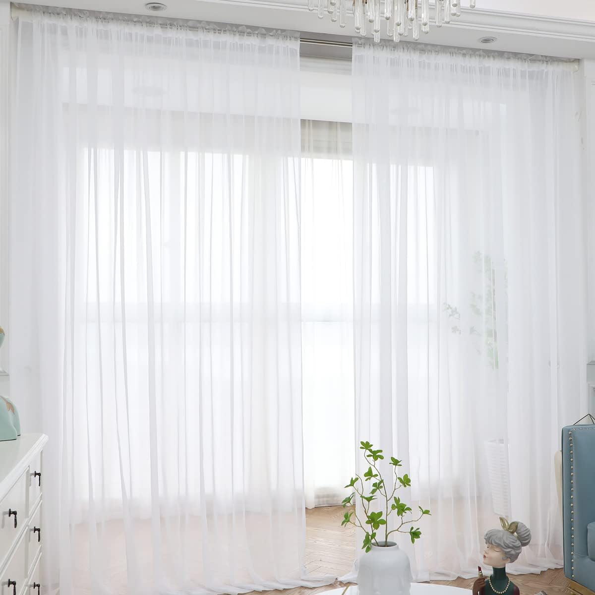 Window White Sheer Curtains 130 Inches Long 2 Panels Sheer Curtain Basic Rod Pocket Panel for Bedroom Children Living Room Yard Kitchen (White, 52" W x 130" L | 2 pcs)