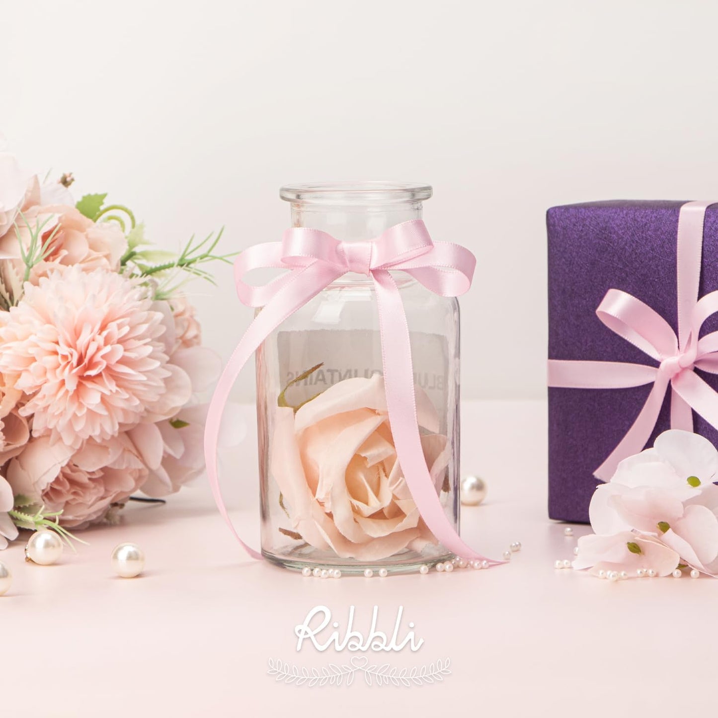 Ribbli Double Faced Light Pink Satin Ribbon,3/8” x Continuous 25 Yards,Use for Bows Bouquet,Gift Wrapping,Floral Arrangement