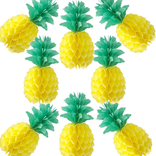 10inch Paper Pineapple Honeycomb Decorations 8pcs Tissue Party Pineapple Centerpieces Hanging Pineapple for Table Decor for Summer Tropical Hawaiian Beach Decor