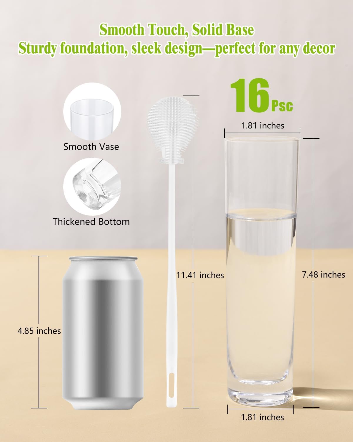 Glass Cylinder Vases for Centerpieces – Set of 16 Handmade Clear Flower Vase 7.48" Tall,Wedding Table Decor for Single Rose Bud Vases,Small Vases Home Decor,Floreros,1 Brush