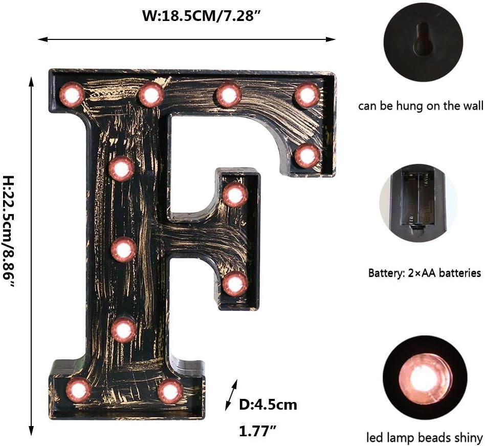 OYCBUZO Golden Black Led Marquee Letter - Industrial, Vintage Style Light Up Alphabet Letter Sign for Cafe Wedding Birthday Party Christmas Lamp Home Bar Initials Decor - F