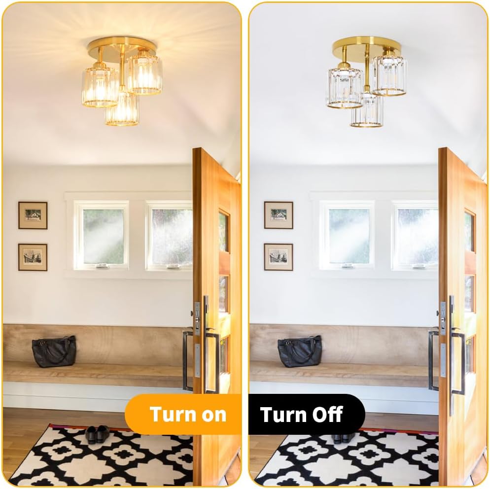 Modern Semi Flush Mount Ceiling Light, 3-Light Crystal Close to Ceiling Light Fixtures, Gold Kitchen Light Fixtures with Clear Crystal Shade, Hallway Light Fixtures for Hallway Bedroom Bathroom