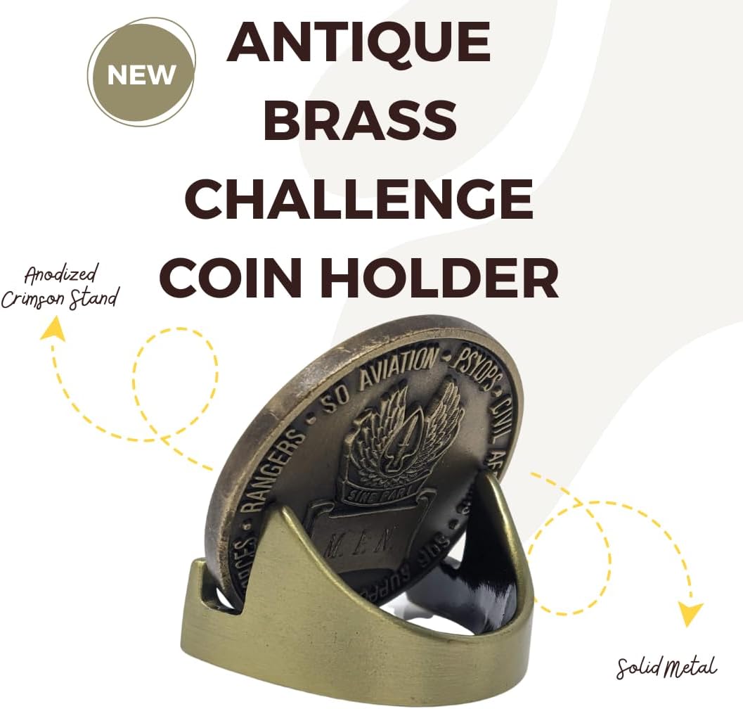 Military Challenge Coin Display Stand - Solid Metal with Anodized Finish - US Vet. Business (Antique Brass Five-Pack)