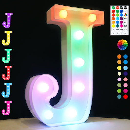 Light Up Colorful LED Marquee Letter lights, 18 Colors Changing Alphabet Letters Sign with Remote Timer for Night Light Girls Bedroom Wedding Birthday Party Lamp Christmas Home Bar Decor- Colorful J