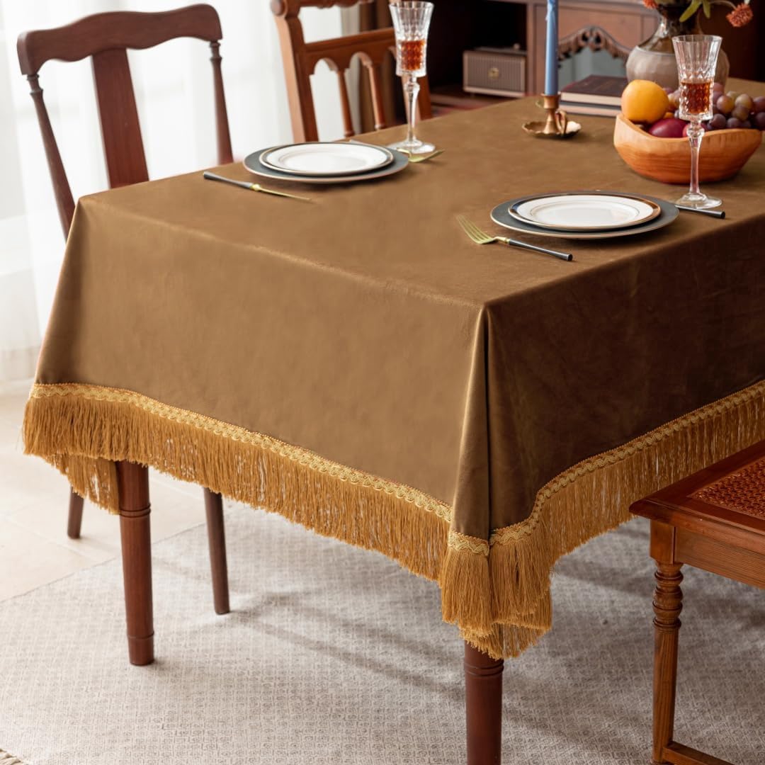 F-CHU Luxury Camel Tablecloth Thickset Velvet Tablecloth with Beautiful Gold Tassels Vintage Table Cloth for Home Decor Wedding, Party, Banquet and Events 60x86-Inch