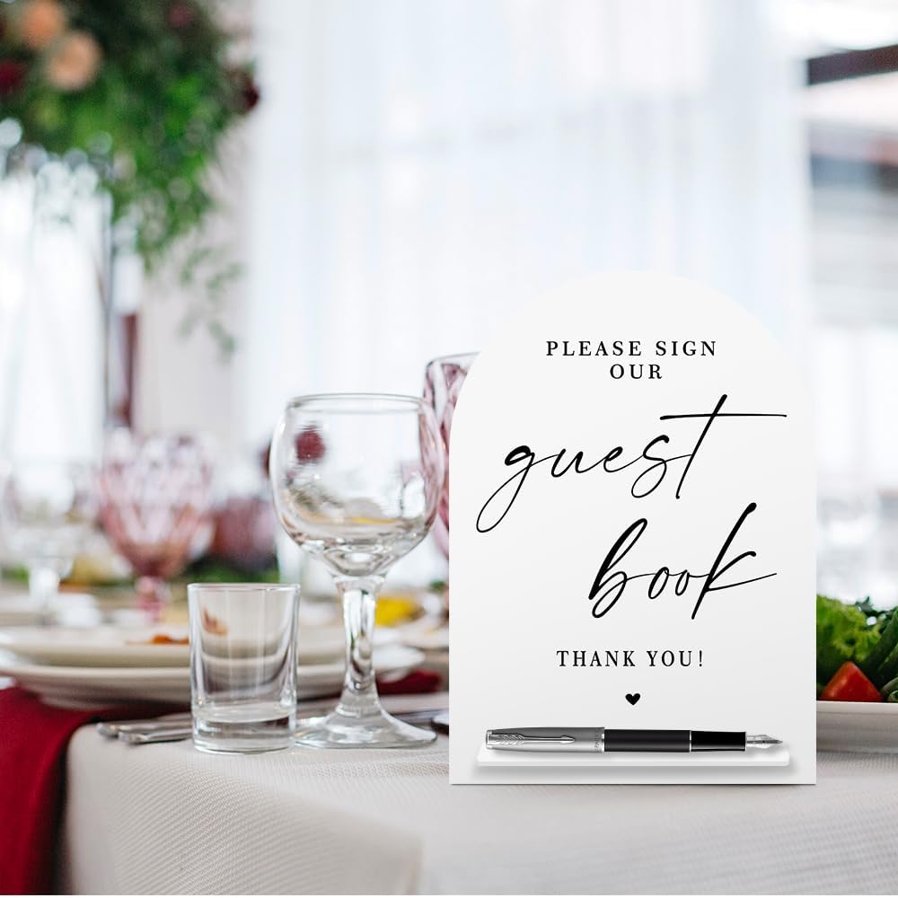 White Acrylic Guest Book Sign, Please Sign Our Guestbook Sign with Stand- 8x11 Inch Modern Calligraphy Arch Diagonal Acrylic Sign for Wedding Reception, Wedding Decoration Sign-bs-hlp05