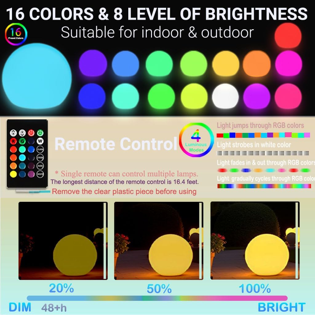 50CM/20-inch Large LED Globe Orb Light, Rechargeable LED Ball Light, Dimmable 16 RGB Colors Globe Floor Lamp w/Remote, Indoor/Outdoor Waterproof Glowing Orb Mood Lamp for Home Garden Patio Party