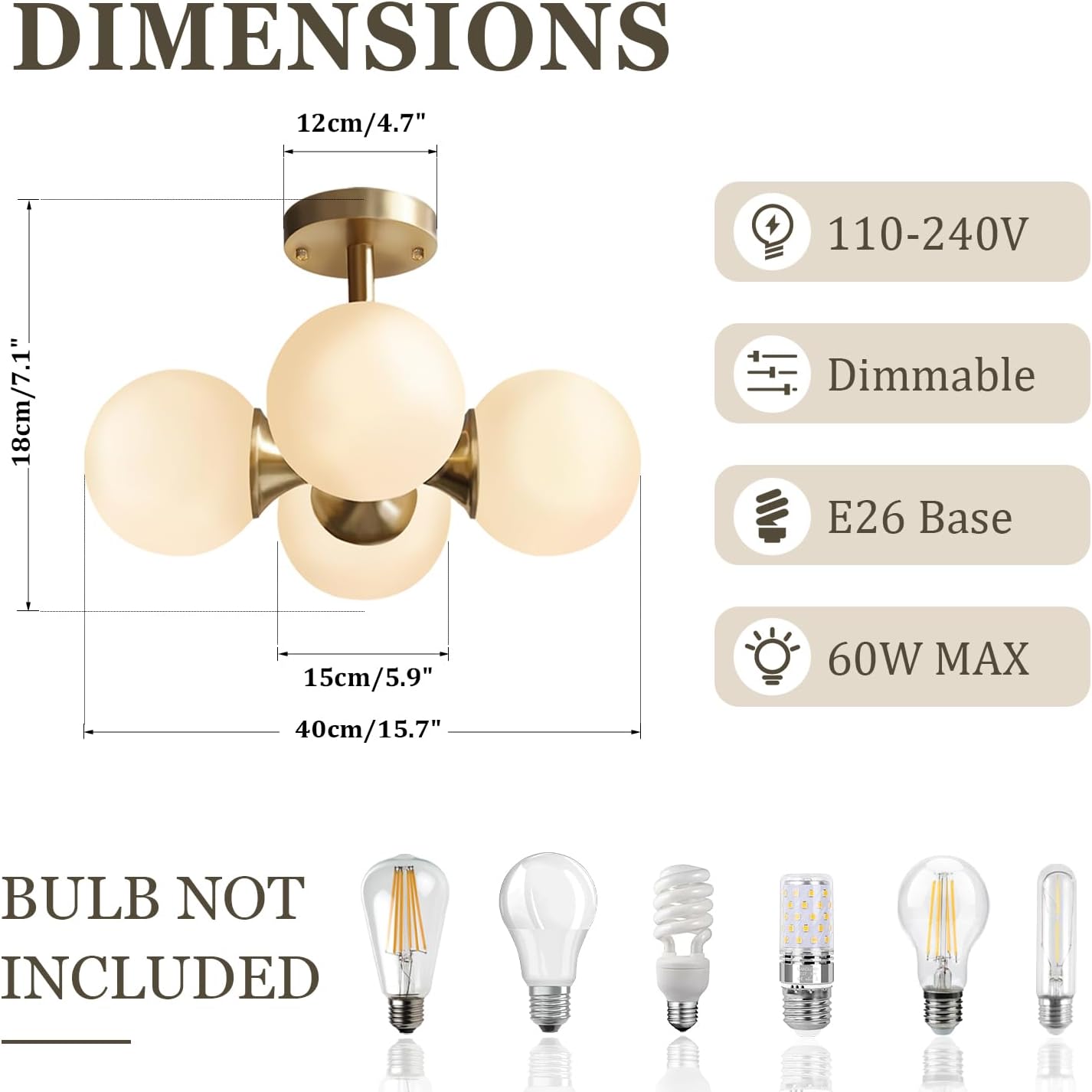 KCO Lighting Antique Brass 4-Light Ceiling Light Mid-Century Frosted Glass Globe Chandelier Modern Flush Mount Ceiling Light Fixtures for Bedroom Living Room