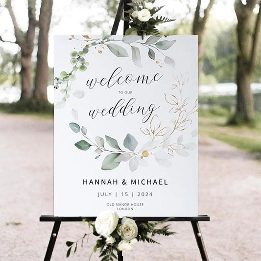 Greenery Wedding Welcome Sign, Eucalyptus Wedding Sign, Botanical Welcome Wedding Sign, Welcome to our Wedding Sign, Wedding Signs for Ceremony, Personalized Wedding Welcome Sign #04