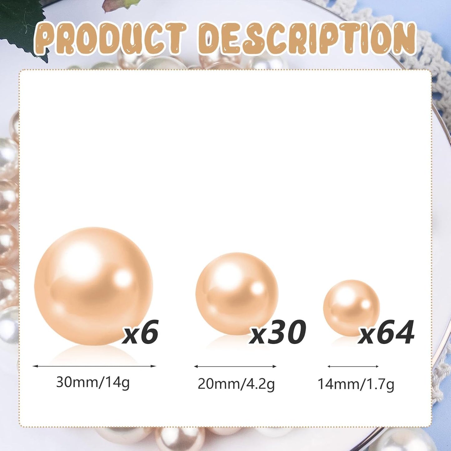 100PCS Champagne Faux Pearls Beads for Centerpiece Vases, Vase Filler Faux Pearls, No Holes Filler Beads for Party Anniversary Birthday Wedding Table Decor, 14/20/30mm