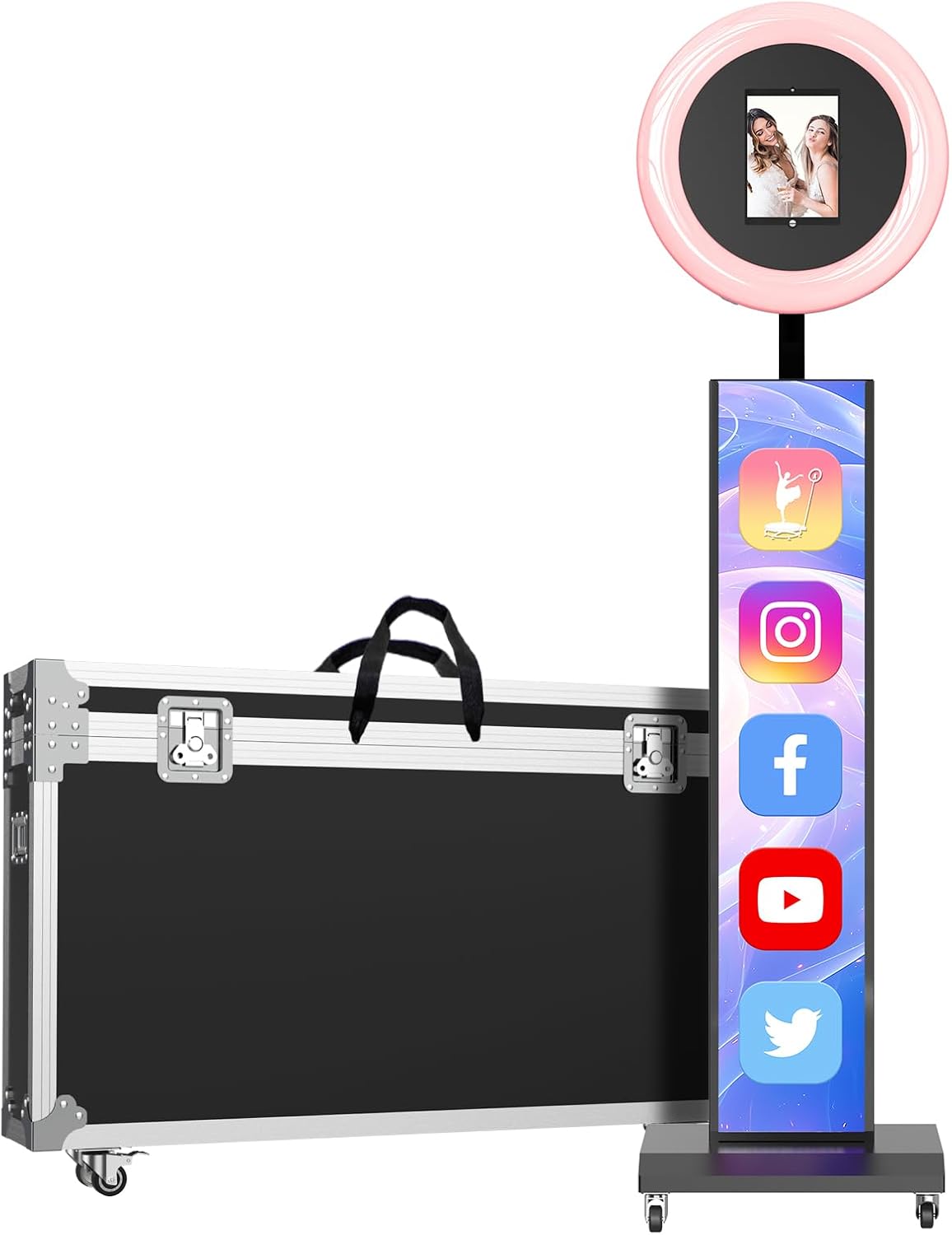 MWE Portable Photo Booth Machine Stand Compatible with Any Ipad with Software APP and Remote Control, RGB Ring Lights Music Sync, Free Custom Logo,Flight Case with Wheels (Black, Light Box)