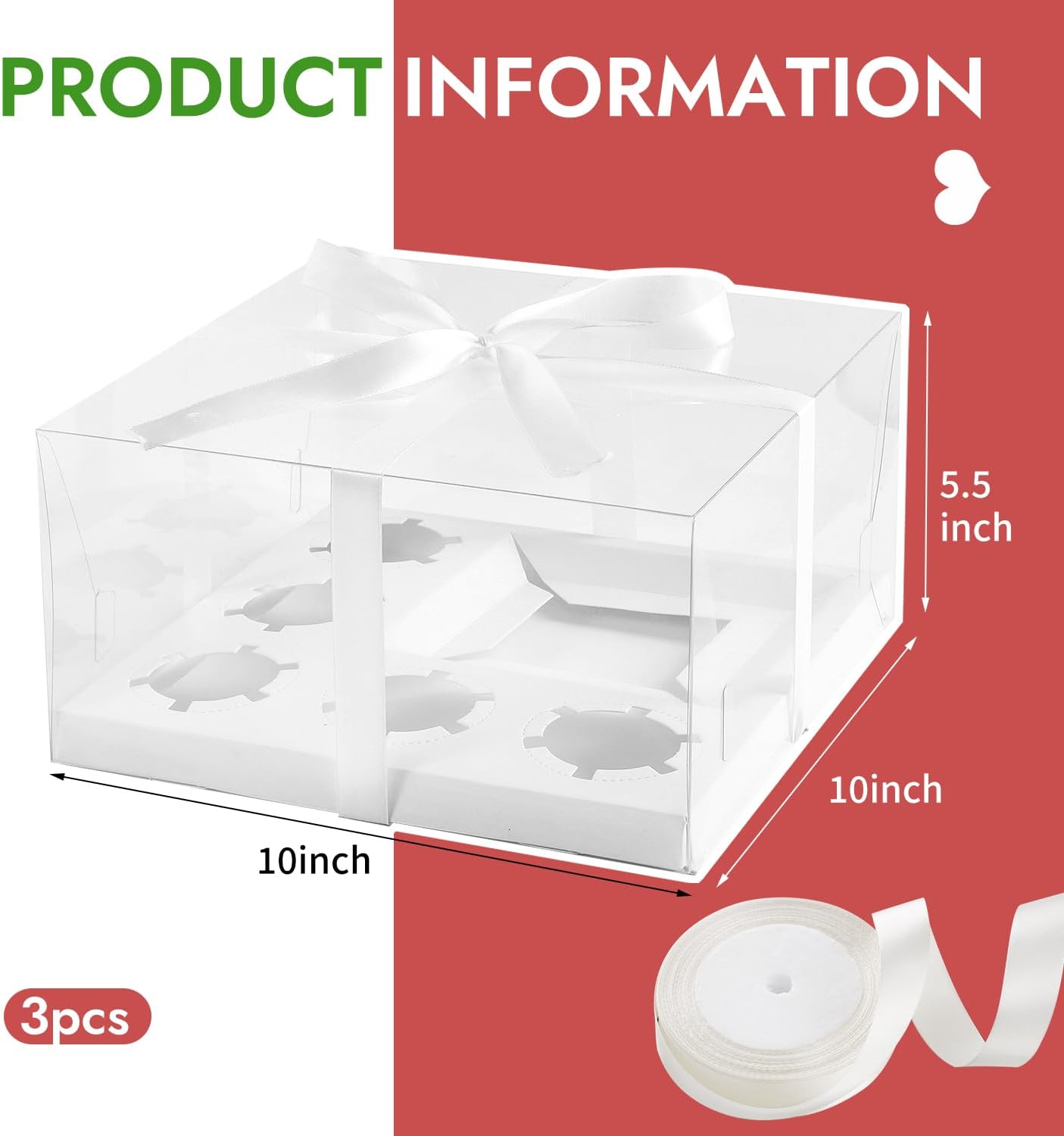 JCD 3 Packs Cake Cupcakes Combo Box 1+5 Cupcake Containers with Gift Ribbon Bento Clear Boxes (5 Cupcakes with Cake)(1+5/3Pcs)