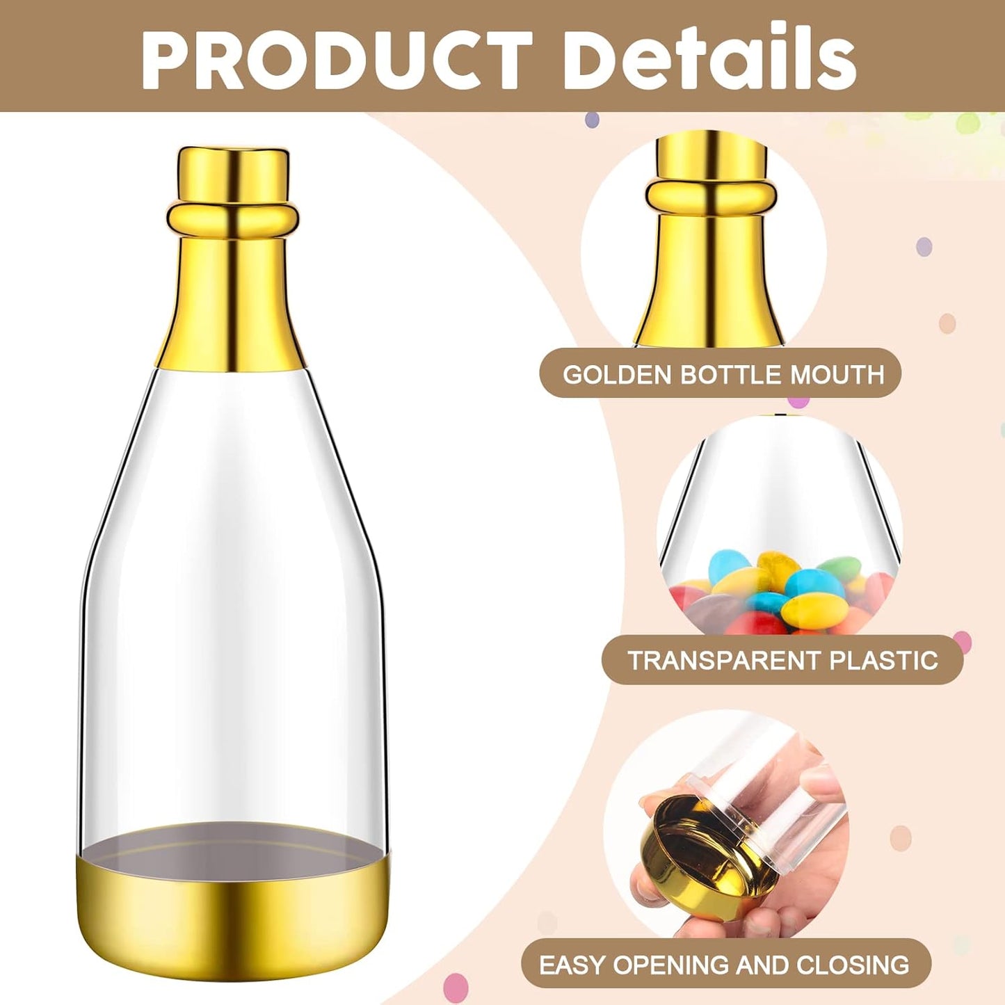 Gerrii 100 Pcs Metallic Mini Champagne Bottle Candy Container Shaped Jars Gold Plastic DIY Favor Candy Bottle Wedding Party Favor Containers with Gift Tags Gold Strings and 65.6ft Rope