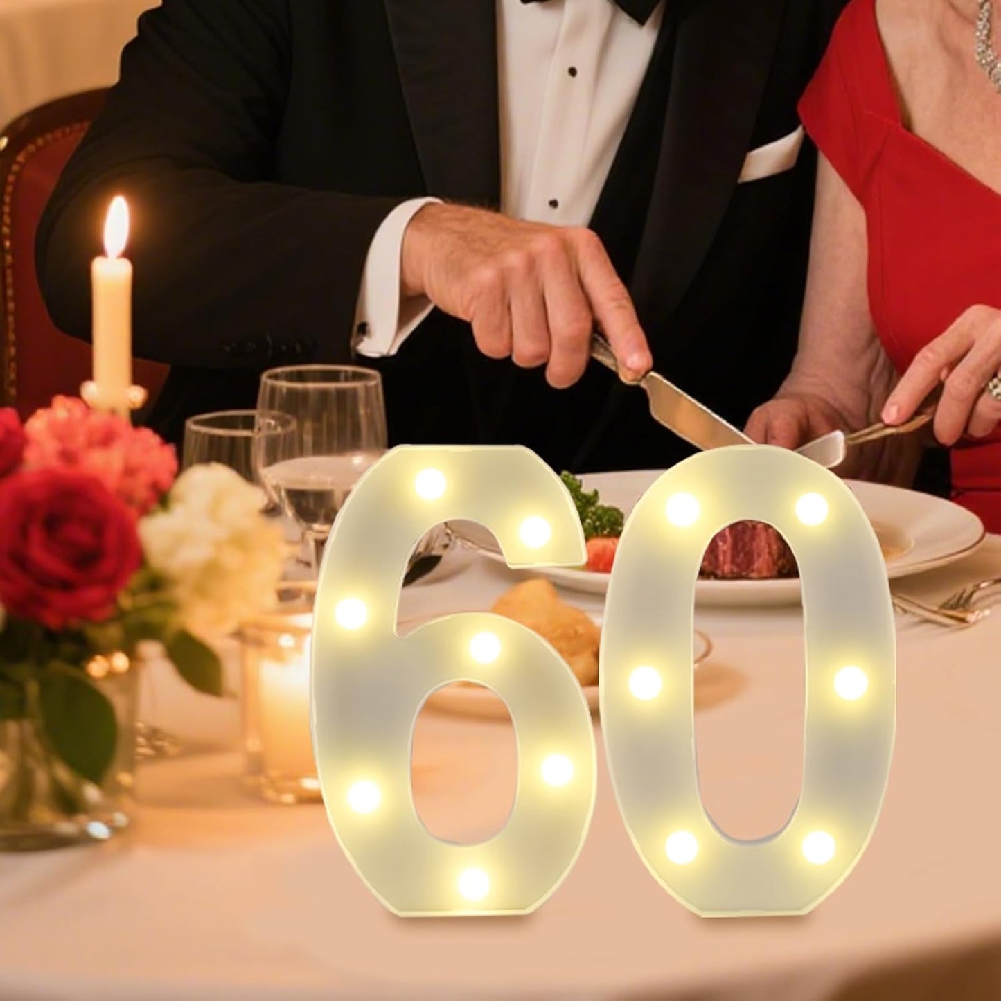 LED Marquee Letter Lights, Decorative Light Up Numbers for 60th Birthday Party, Battery Operated, Warm White Small Marquee 60 Sign for Anniversary Decorations