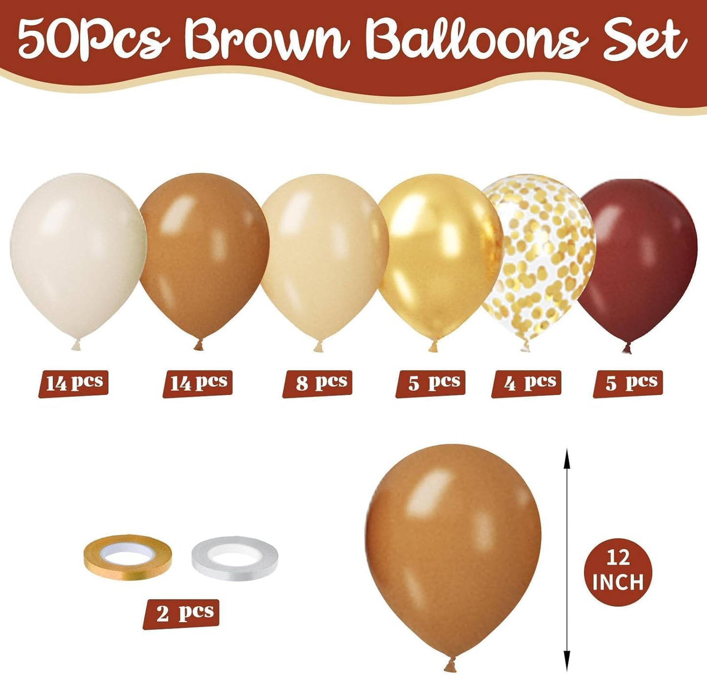 Paready Brown and Gold Balloon Set, 50Pcs 12 Inch Tan Apricot Sand White Metallic Confetti for Bridal Shower Baby Shower Fall Birthday Party Decorations