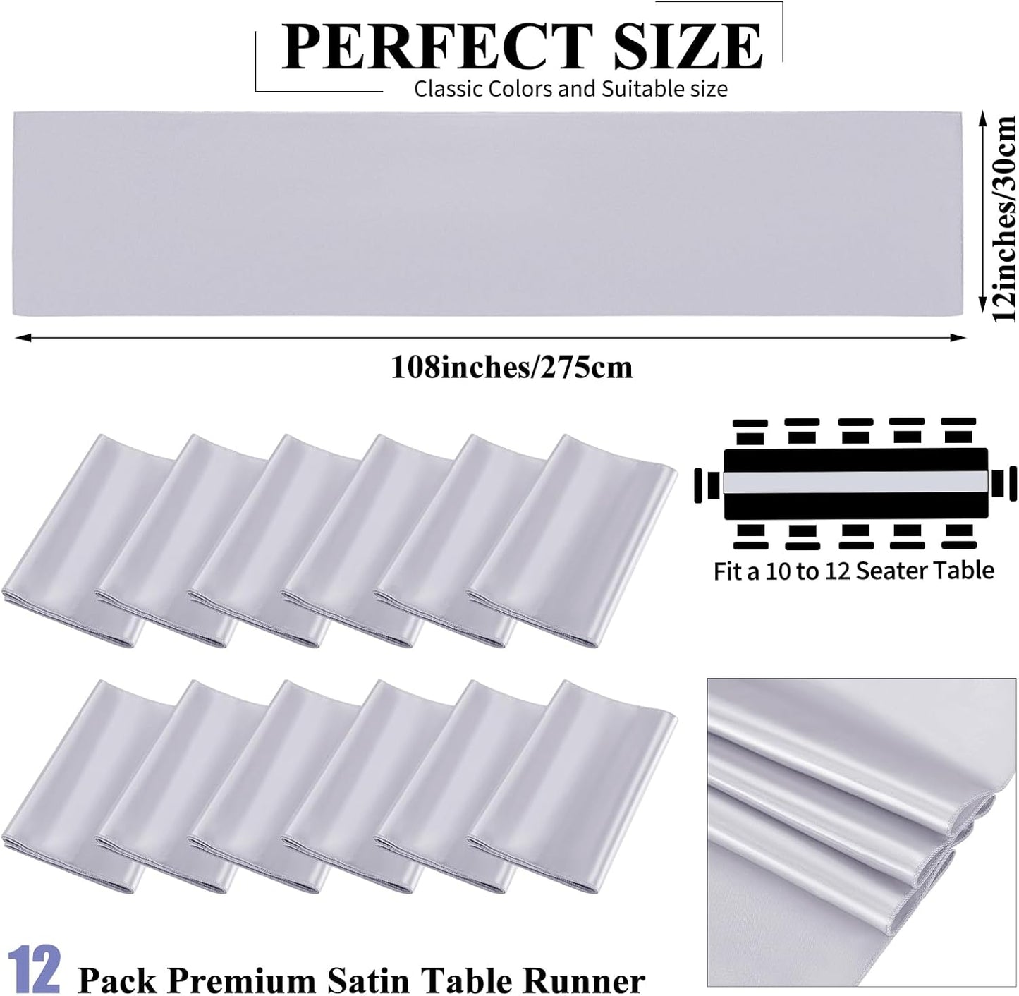 12 Pack Silver Satin Table Runner,12 x 108 inch Long Premium Smooth Table Runner for Wedding, Banquets, Birthday, Party, Graduation, Engagements, Table Runners fit Rectangle and Round Table