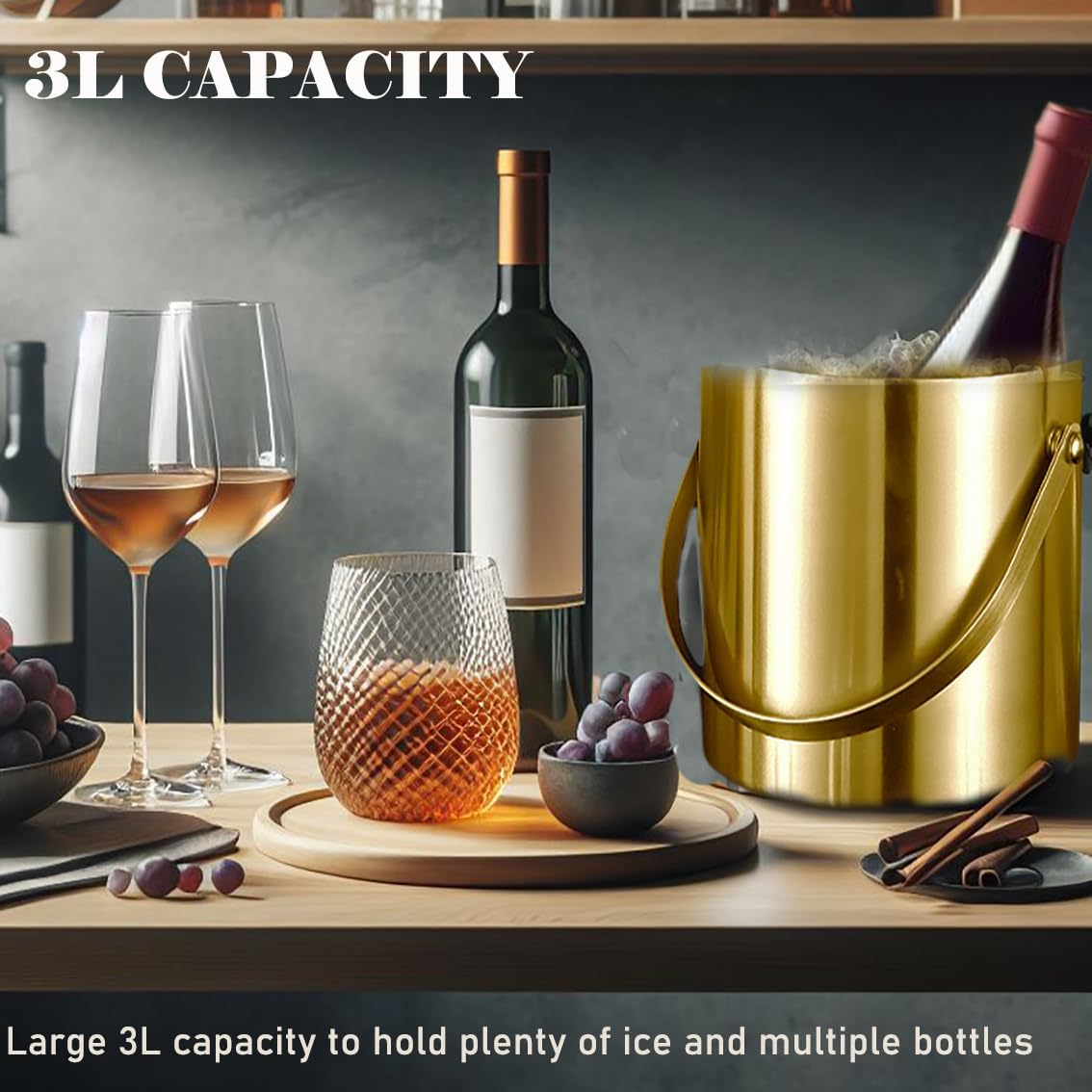 Gold Ice Bucket with Lid, Handle and Tong Insulated Stainless Steel Champagne Bucket 3L Wine Bucket for Party Bar Cart Accessories Large Double Wall Bucket Keep Frozen