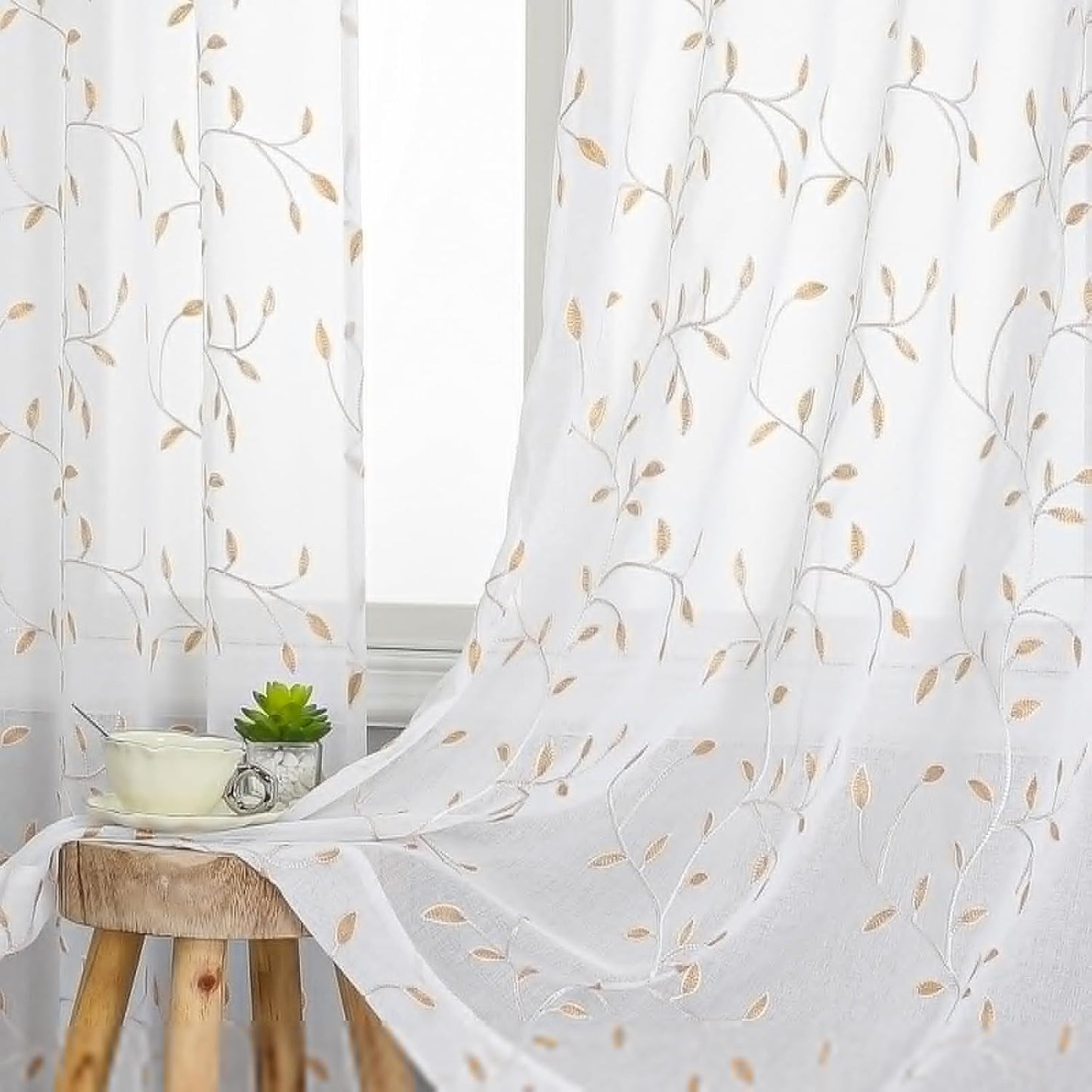 VISIONTEX White Sheer Voile Curtains, Decorative Orange Leaves Embroidery Faux Linen Rod Pocket Window Drapes for Home Kitchen, Living Room and Bedroom 54 x 108 Inch, Set of 2 Curtain Panels