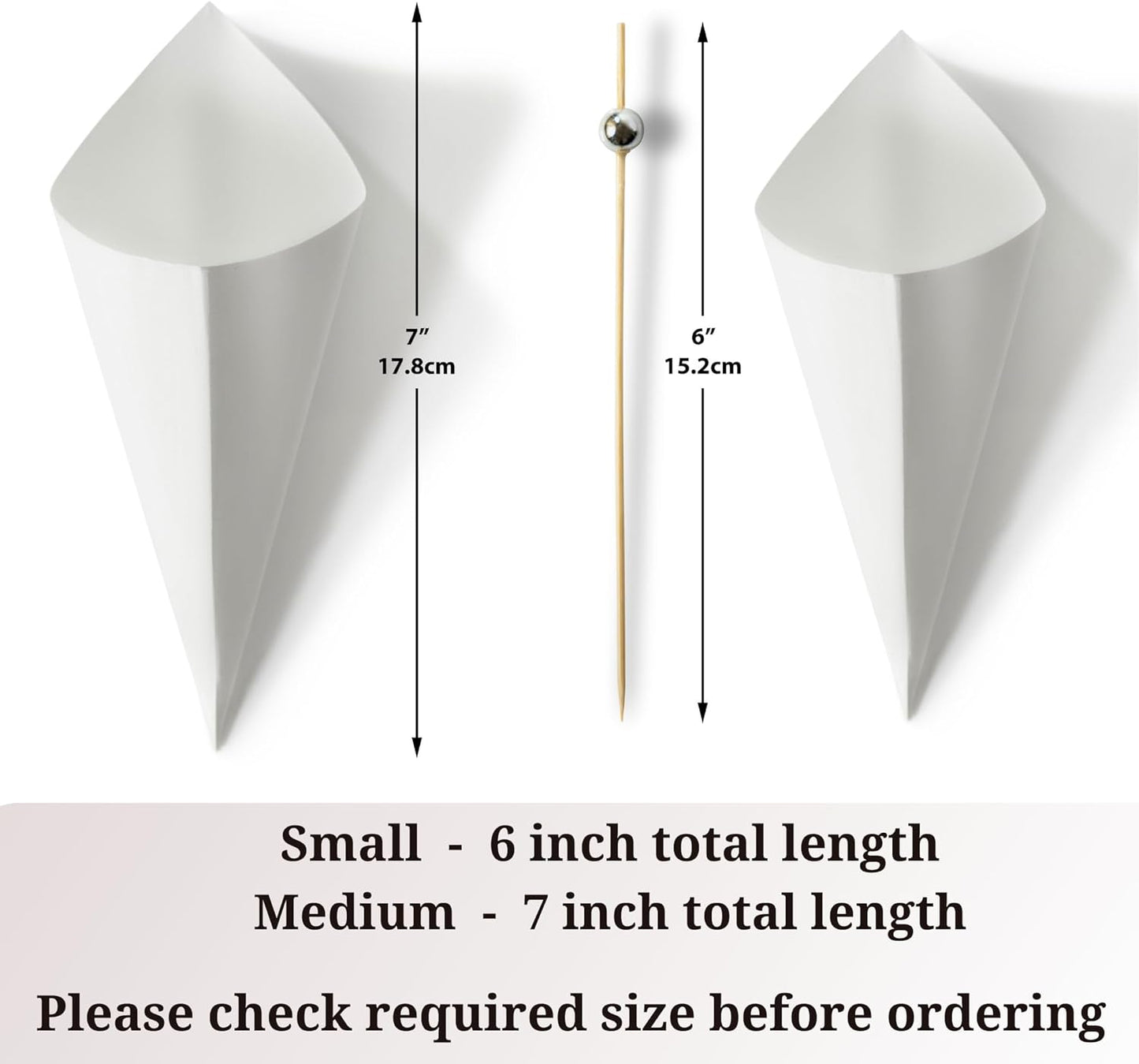 MONTX® 200-Pack Disposable Food Cones | 7" or 6" | White Food-Safe Paper Charcuterie Cones for Appetizers, Popcorn, Snacks, Confetti | Eco-Friendly Alternative to Wood Cones (6 Inch)