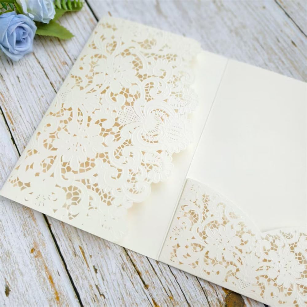 MillaSaw Ivory Embossed Laser Cut Invitation Pocket Envelope, Floral Engraved Invitation Sleeve, for Anniversary Bridal Shower Quinceañera Birthday Party (ivory)