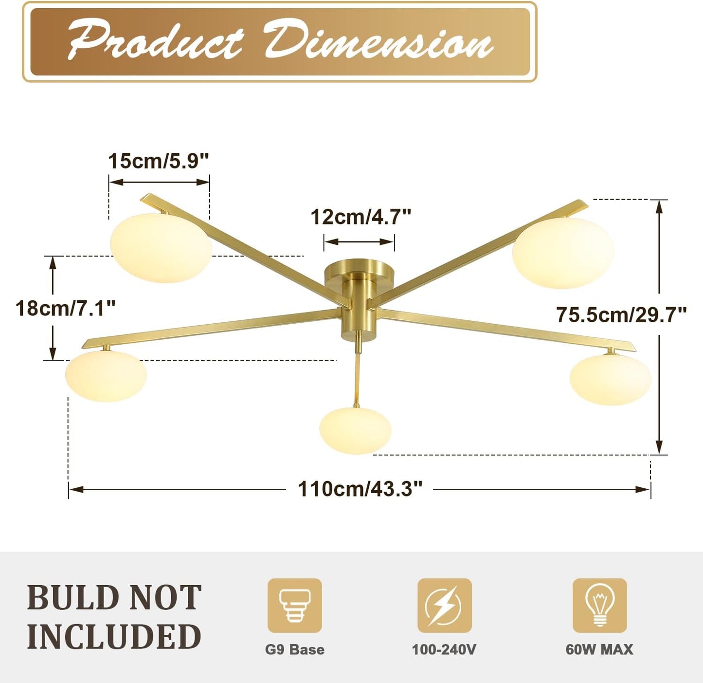 5 Lights Industrial Semi Flush Mount Ceiling Light Fixture Gold Modern Sputnik Chandelier Ceiling Light Fixtures Globe Sputnik Ceiling Lamp Glass Close to Ceiling Light Fixtures MCL05-GD