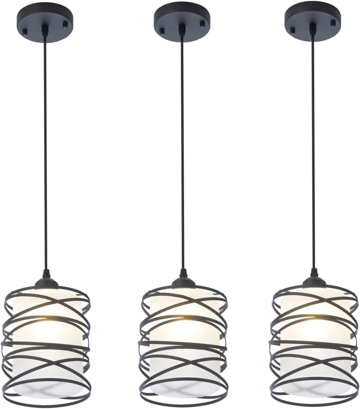 3-Pack Modern Mini Pendant Light Fixture Kitchen Island Pendant Lighting 6.3''Matte Black Spiral Cage and Handblown Frosted Glass Shade Adjustable Cord for Dining Room Hallway Entryway
