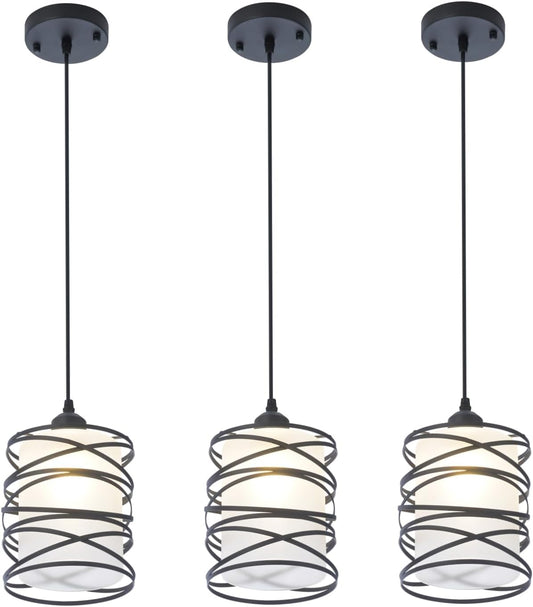 3-Pack Modern Mini Pendant Light Fixture Kitchen Island Pendant Lighting 6.3''Matte Black Spiral Cage and Handblown Frosted Glass Shade Adjustable Cord for Dining Room Hallway Entryway