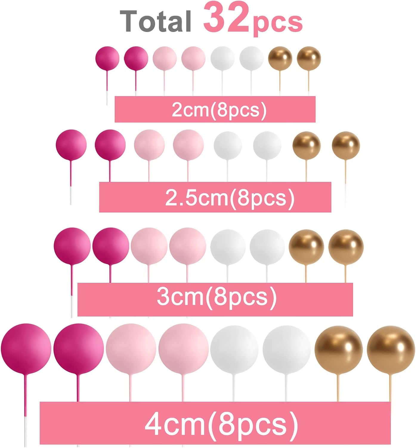 ASTARON 32 Pcs Ball Cake Topper Decorations Mini Balloons Cake Topper Sticks Foam Balls Cake Picks Cake Topper Balls Cake Decorations for Wedding Party Birthday Cake Decorating (Pink Gold)