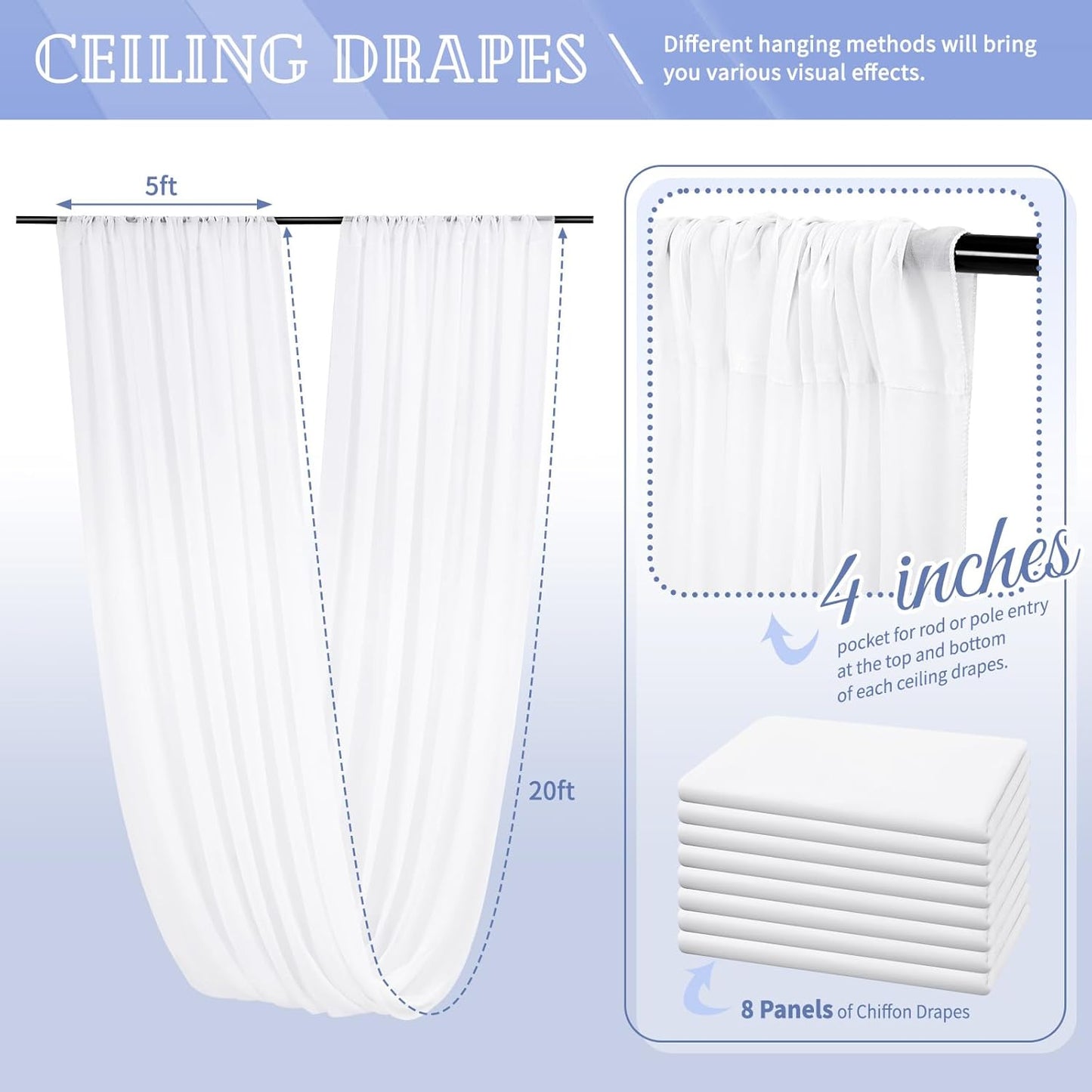 8 Panels White Ceiling Drapes for Wedding 5ftx20ft Chiffon Fabric Arch Draping Curtains for Party Ceremony Birthday Baby Shower Reception Stage Ceiling Decorations