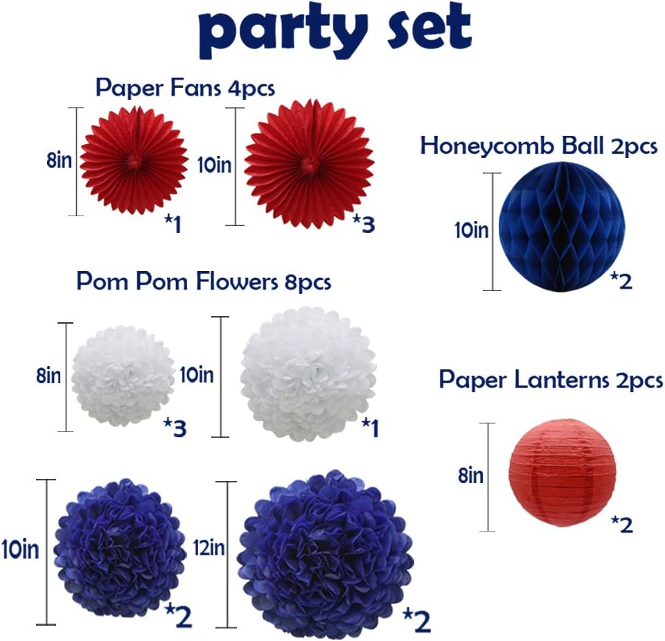 Navy Blue Red White Party Decorations 16pcs Paper Pom Poms Honeycomb Balls Lanterns Tissue Fans for 4th of July Day Patriotic Shake Theme Birthday Graduation Nurse Party