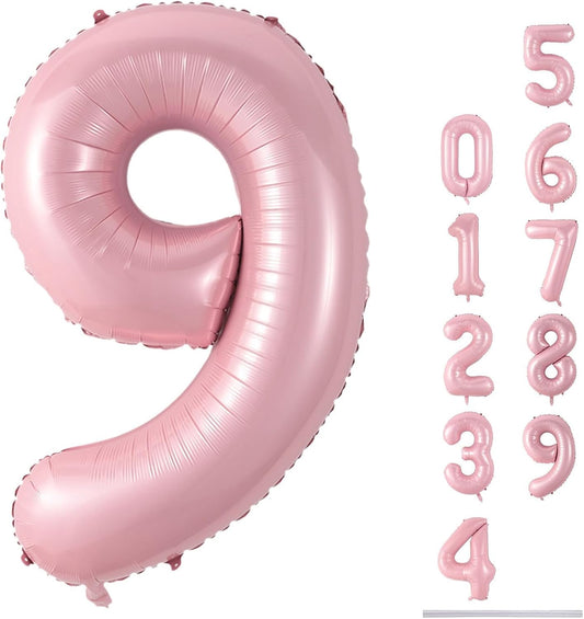 40'' Pink Number 9 Balloon, Self Inflating Foil Light Pink Number Balloons Set 0-9, Pastel Pink Digital 9 Helium Balloon for Girls 9th Birthday Party Decorations Anniversary Supplies