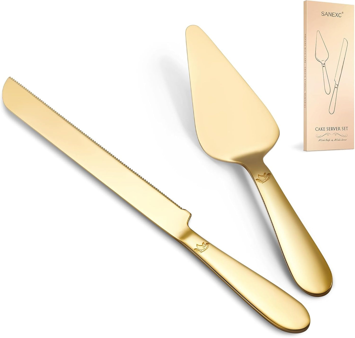 Cake Cutting Set for Wedding - Extended Cake Knife and Server Set Thickened Stainless Steel 13.0" Cake Cutter 10.49" Pie Spatula Great for Birthday Anniversary Christmas Gift 2 Pcs Gold