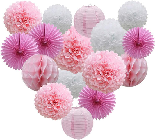 16pcs Pink Party Decorations Paper Pom Poms Honeycomb Balls Lanterns Tissue Fans for Birthday Wedding Baby Shower Graduation Valentine Party Supplies