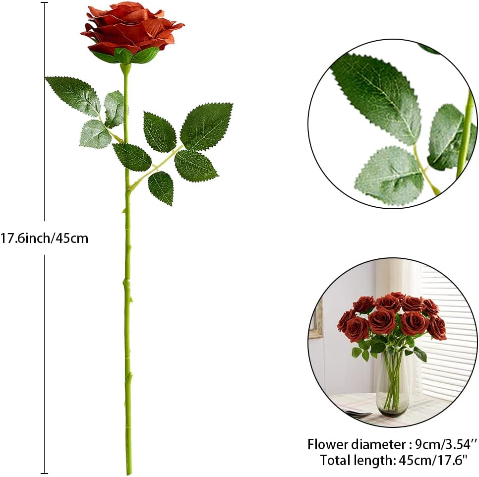 Artificial Rose 10pcs Open Flower Bouquet Faux Rose Stems for Wedding Arrangement, Bridal Bouquet, Centerpiece, Fake Faux Silk Flowers (Burnt Orange)