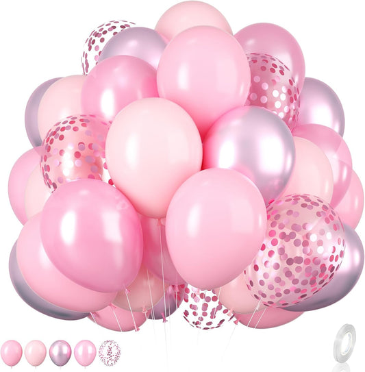 Pink Balloons Set,12 Inch Metallic Pink Pearl Pink Macaron Pink Light Pink Confetti Pink Different Shades Balloons For Girl Women Birthday Decorations Wedding Party Decorations Supplies