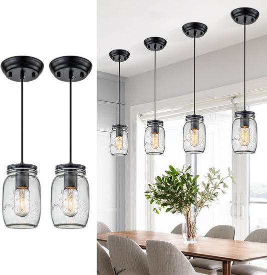 Kitchen Island Light, 1 Lights Adjustable Pendant Lighting, Glass Mason Jar Hanging Lamp(2 Pack)