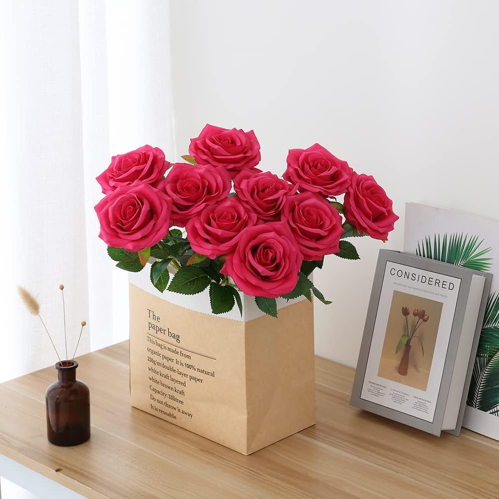 Artificial Rose 10pcs Open Flower Bouquet Faux Rose Stems for Wedding Arrangement, Bridal Bouquet, Centerpiece, Fake Faux Silk Flowers (Hot Pink)