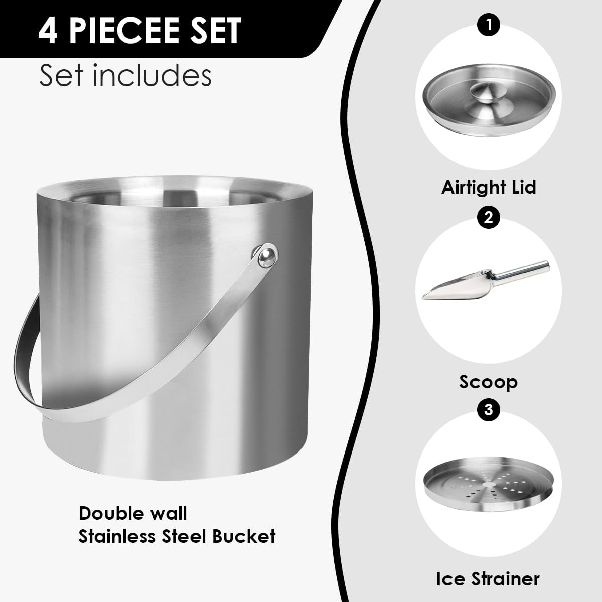 DREAMYO 3L Double Wall Insulated Stainless Steel Ice Bucket with scoop for Cocktail Bar,Metal Ice Bucket for freezer with Lid for parties.ice Container,bar cart accessories(Silver)