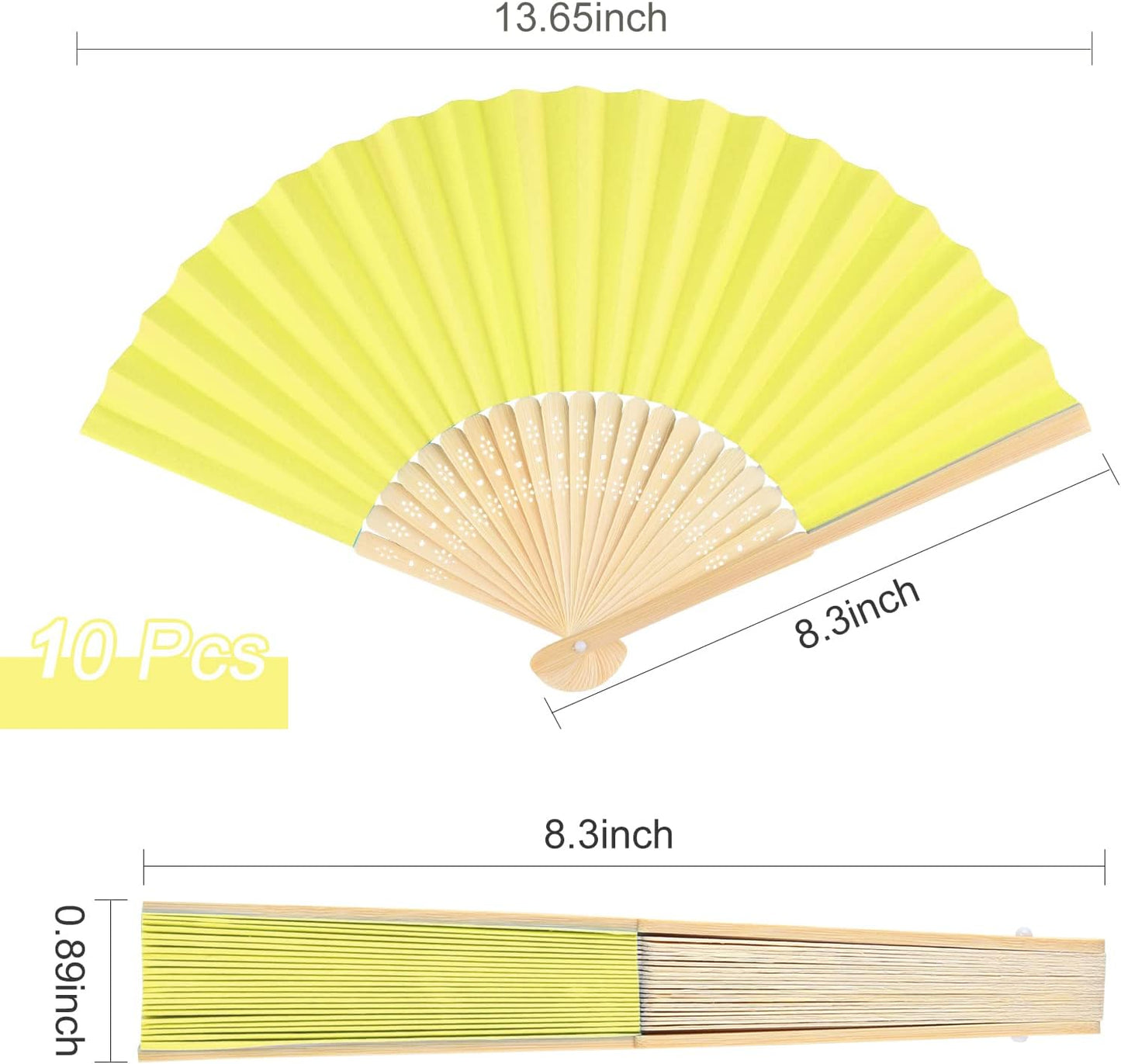 FEPITO 20 Pieces Handheld Yellow Paper Fan Paper Folding Fans with Bamboos for Wedding Gift, Party, Home