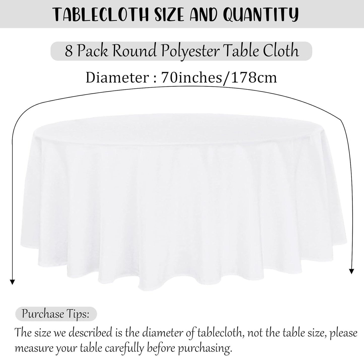 8 Pack Round Tablecloth 70 Inch White Round Table Covers Bulk Washable Polyester Fabric Table Clothes for Wedding Party Reception Banquet Buffet Restaurant (White, 70 Inch)