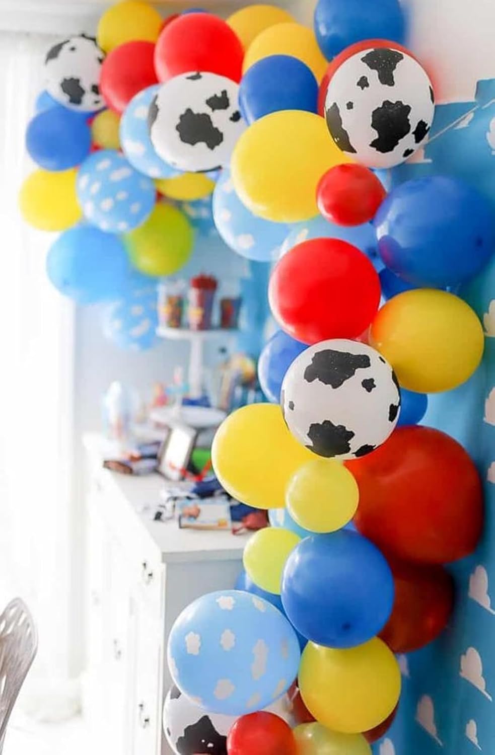 Color Balloons - 12 Inch Red, Blue, Yellow Cow Print Sky Blue Cloud Story Balloons for Party Themed Decor