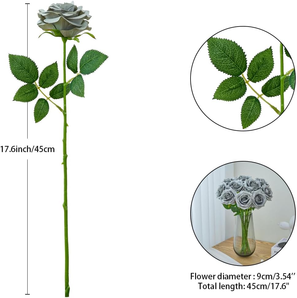 Artificial Rose 10pcs Open Flower Bouquet Faux Rose Stems for Wedding Arrangement, Bridal Bouquet, Centerpiece, Fake Faux Silk Flowers (Grey)