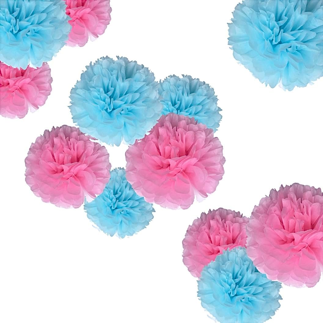 Pink and Blue Paper Pom Poms,Party Tissue Paper Flowers Balls for Baby Shower,Boy or Girl Gender Reveal,Size of 10inch, 12inch, Pack of 12