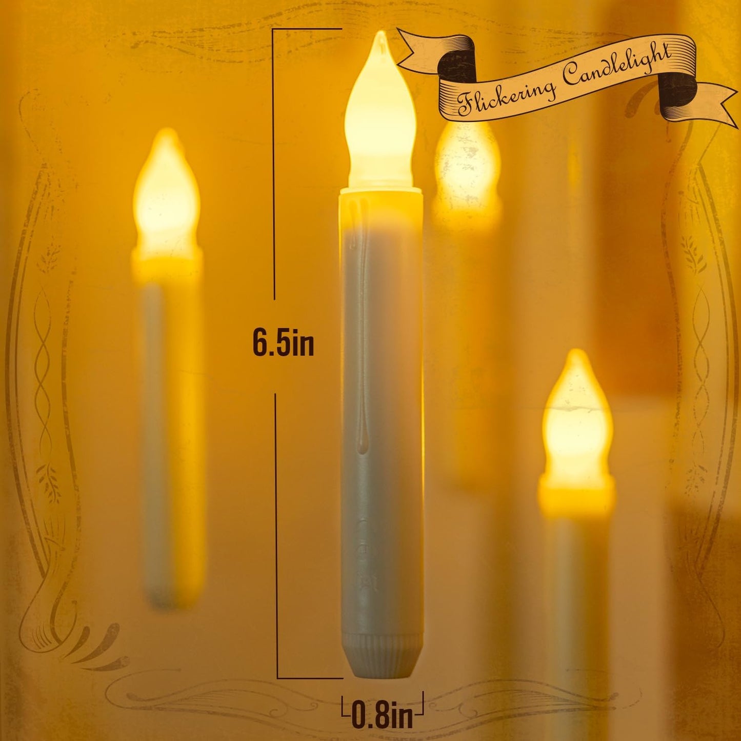 Homemory 12PCS Flameless LED Taper Candles Lights, NO Remote, Battery Operated Candlesticks with Warm Yellow Flickering Flame, 0.79 x 6.5 Inches Dripless Fake Floating Taper Candles
