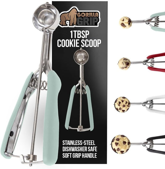 GORILLA GRIP Stainless Steel Cookie Scoop for Baking, 1 TBSP, Multipurpose Melon Baller, Meatball Spring Scoops, Perfect Portion Sizes, Easy Food Release, Scooper Size 60, BPA-Free Kitchen Tool, Mint