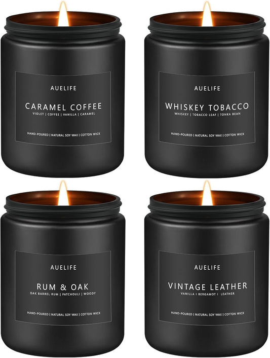 Scented Candles Set | Gifts for Men - 4Pack Candle Masculine Candle, Soy Candles for Home Scented, Aromatherapy Gifts Scents of Caramel Coffee/Whiskey Tobacco/Rum & Oak/Vintage Leather