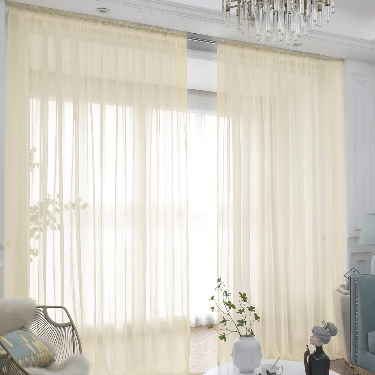 Window Light Yellow Sheer Curtains 90 Inches Long 2 Panels Sheer Curtain Basic Rod Pocket Panel for Bedroom Children Living Room Yard Kitchen (Light Yellow, 52" W x 90" L | 2 pcs)
